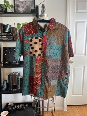 Men's Shortsleeve Buttonup - Multicolor size L 95% cotton 5% linen Parklees
